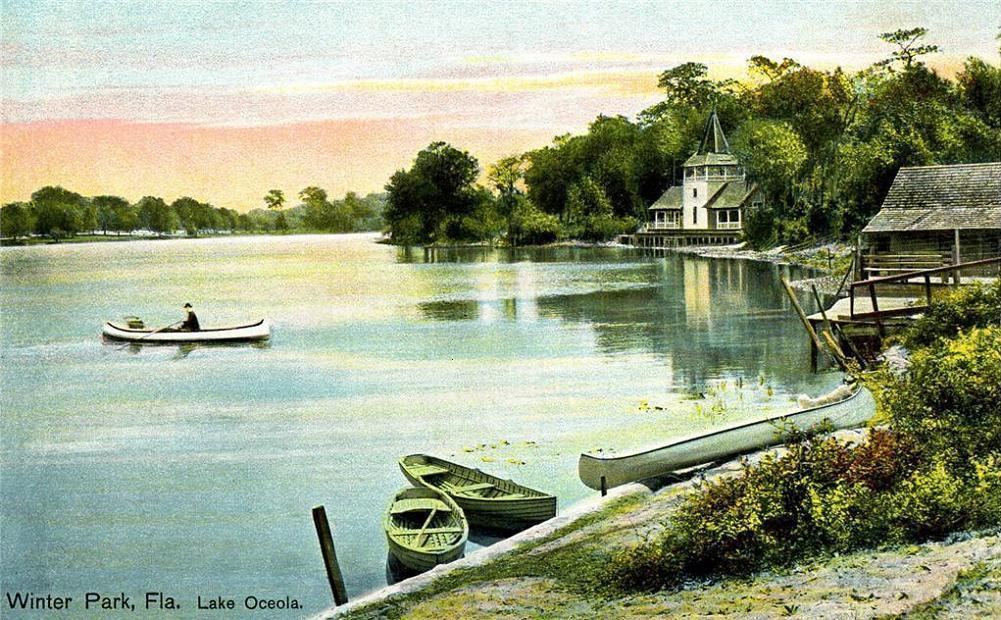 Vintage postcard of rowboats on Lake Osceola, about 1906