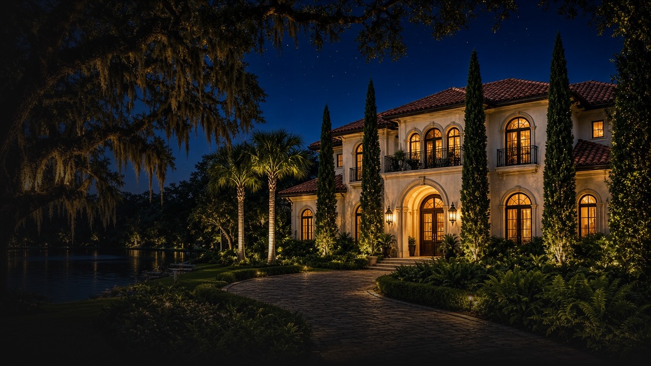 Illustration of a lakeside Mediterranean-style estate at night