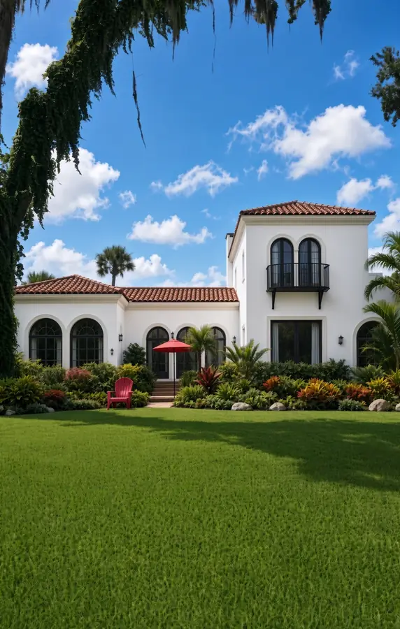 AI concept rendering of a white Spanish Revival home with a red tile roof seen across a full green lawn and planted beds