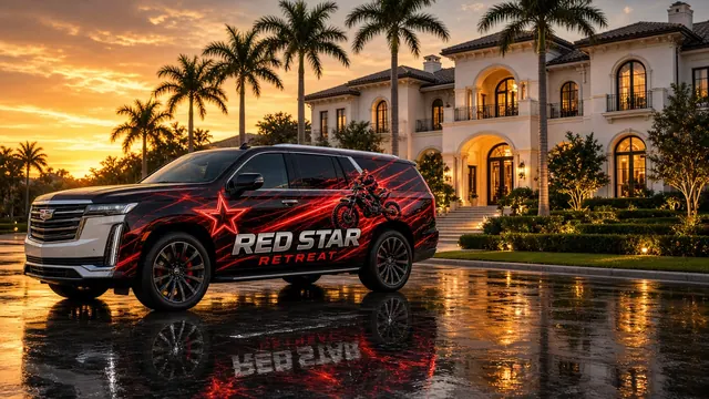 AI concept art of an Escalade in a black and red Red Star Retreat wrap on a wet street at sunset in front of a mansion
