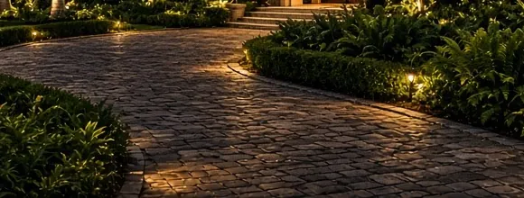 Illustration detail: curved paver driveway with low lights along the edge