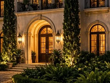 Illustration detail: lanterns and warm lighting at an arched front entry