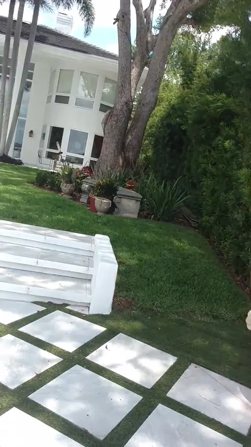 White stone pavers set in grass leading to white steps beside a white home and a large tree