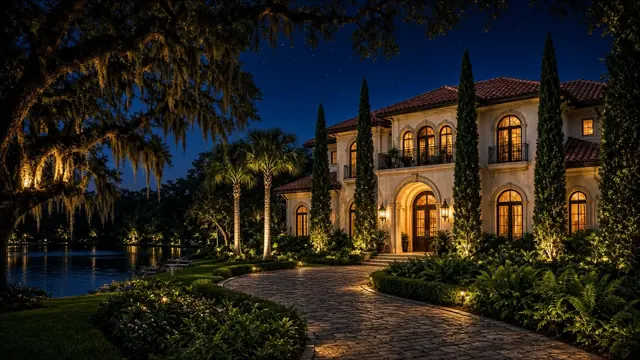 Illustration of a lakeside Mediterranean-style estate at night