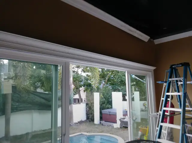 Pool room with a black ceiling and trim, sliding glass doors looking out to the pool, a ladder in the corner, Winter Park, 2017